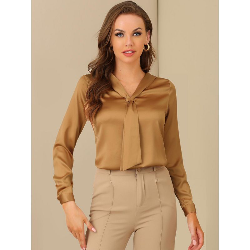Allegra K Women's Satin Tie Neck Long Sleeve Solid Color Elegant Office Work Shirt Top, 3 of 6