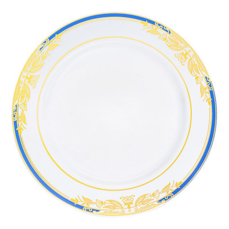 Smarty Had A Party 10.25" White with Blue and Gold Harmony Rim Plastic Dinner Plates (120 Plates), 1 of 7
