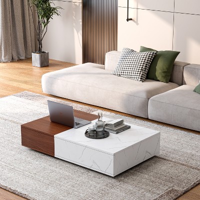 51"L Modern Coffee Table with 2 Storage Drawers, End Table Sofa Table for Living Room, Brown+White Splicing Matching