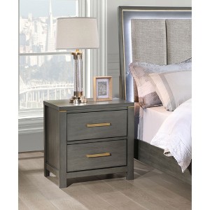 Gulches Modern 2 Drawer Nightstand with USB Port Gray Wood Grain Finish, Golden Brass Trim and Pulls, Stylish Storage - 1 of 4