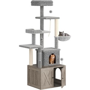 Litter Box Enclosure with Cat Tree Tower, Condo, Cat Tree with Hidden Pet Washroom Furniture with Sisal Scratching Post, Hammocks,  Condo - 1 of 4