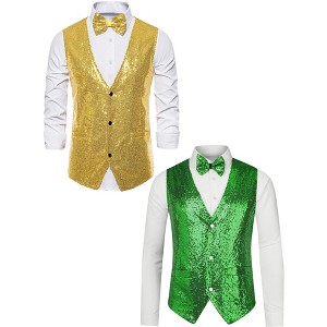 Lars Amadeus Men's Sparkle Sequin Sleeveless Waistcoat Set with Bow Tie 2 Packs - 1 of 4