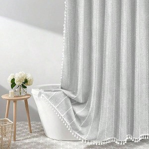 Boho Chic Shower Curtain Heavyweight with Tassels Linen Textured Fabric Gray and White Striped Bathroom Curtain Water - 1 of 4