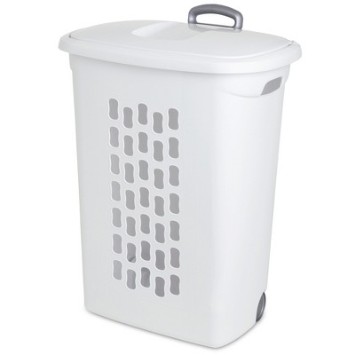 Sterilite Laundry Hamper Flip Top Lid Retractable Pull Handle Wheels