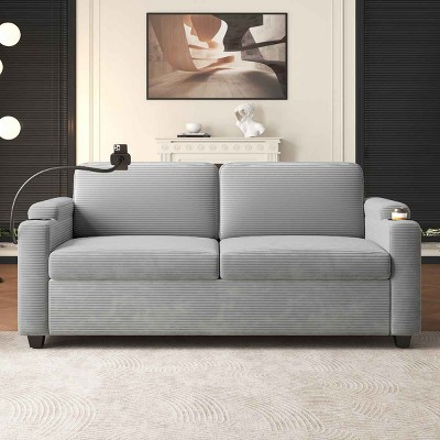 Sleeper Loveseat with Full-Size Mattress, Sofa with USB Ports and Cup Holders, Steel Frame Sofa Bed with Corduroy Cushion-Coolbibila