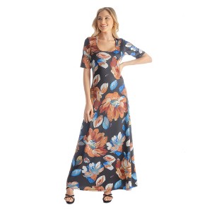 24seven Comfort Apparel Womens Black Floral Elbow Sleeve Loose Long Casual Maxi Dress - 1 of 4