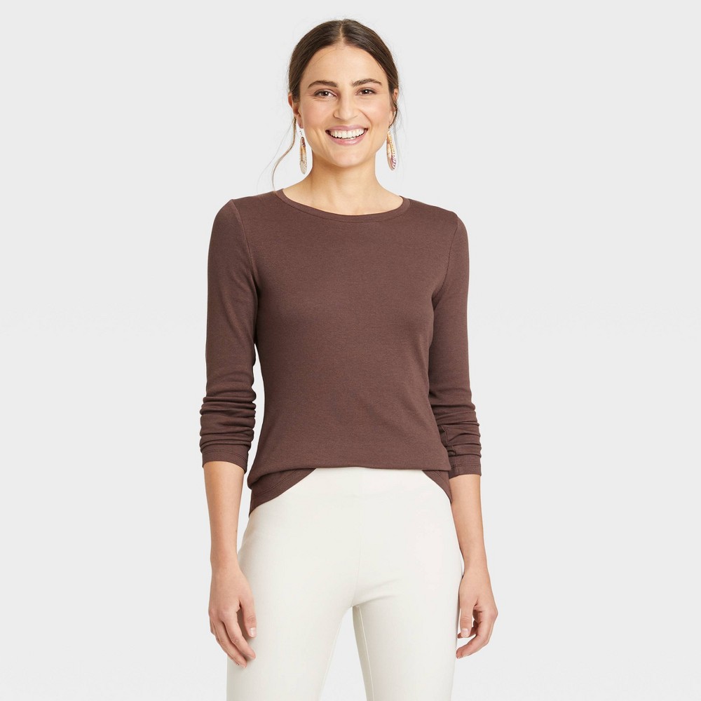 Size S Women's Long Sleeve Ribbed T-Shirt - A New Day Brown S