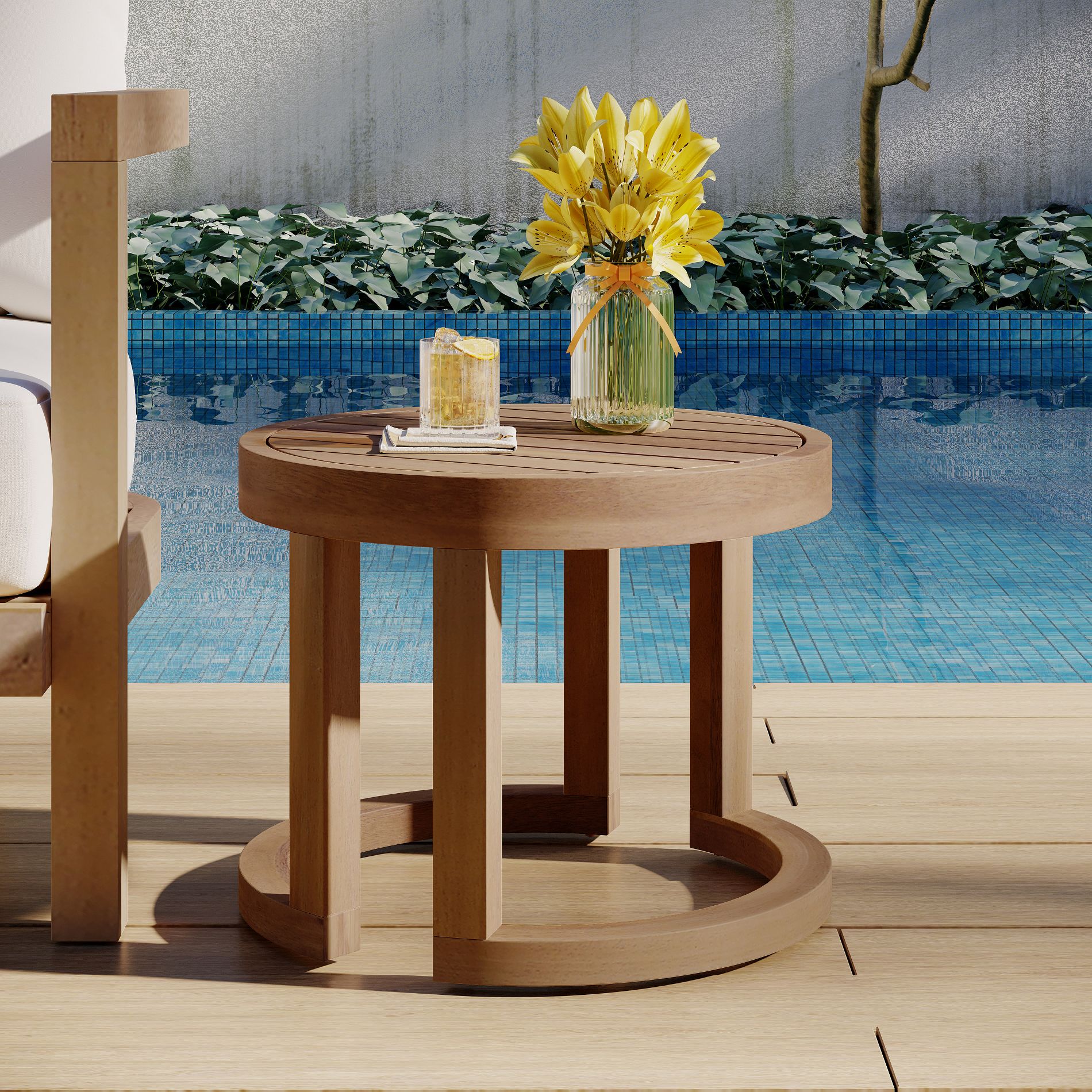 ModernLuxe 18" Outdoor Acacia Wood Side Table, Circular Accent Table Patio End Table with Semi-Circle Base, Brown Wash