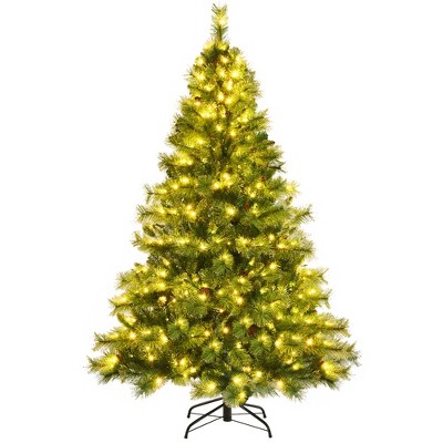 Costway 6ft Pre-lit Hinged Christmas Tree w/ 777 Glitter Tips & Pine Cones