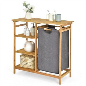 NAYSAYE Bamboo Laundry Hamper Stand with 3-Tier Open Shelves Removable Laundry Bag Multi-Purpose Organizer for Home Bathroom Bedroom, Brown and Gray - 1 of 4
