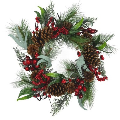 Kurt Adler 20" Wreath with Red Berries, Leaves and Pinecones