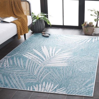 Aqua and Ivory Palm Leaf Pattern Synthetic Rectangular Area Rug