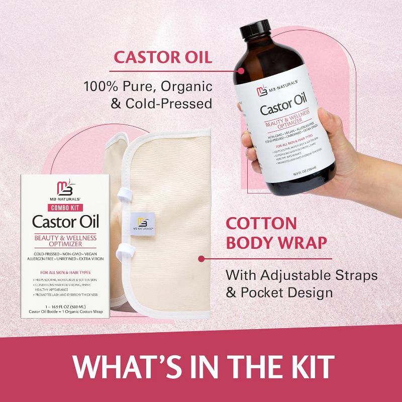 Pure Castor Oil Pack Kit, Organic Castor Oil Cold Pressed Glass Bottle Adjustable Reusable Cotton Castor Oil Wrap for Detox Wellness, M3 Naturals, 6 of 8