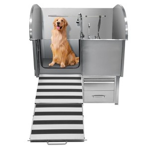 Dog Bath Tub, Dog Washing Station Stainless Steel - Leak-Proof Grooming Tub with Folding Ramp Non-Slip Grate Faucet Sprayer Drain Kit - 1 of 4