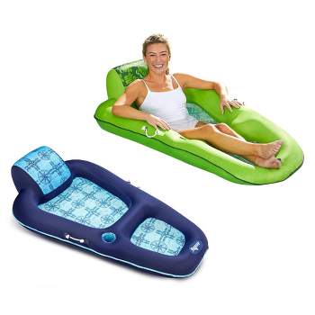 Aqua Leisure 2 Pack Inflatable Ergonomic Luxury Water Recliner Lounge Swimming Pool Float Chair for Beach, Lake, or Ocean Summer Fun, Blue & Green