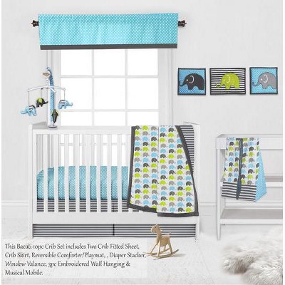 Bacati - Elephants Aqua/Lime/Gray 10 pc Crib Bedding Set with 2 Crib Fitted Sheets