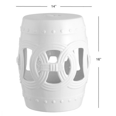 White Ceramic Drum Garden Stool with Lucky Coin Symbols, 16"