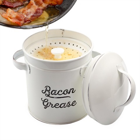 AuldHome Design White Bacon Grease Container, Enamelware Can w/ Strainer, Farmhouse Style Kitchen Storage