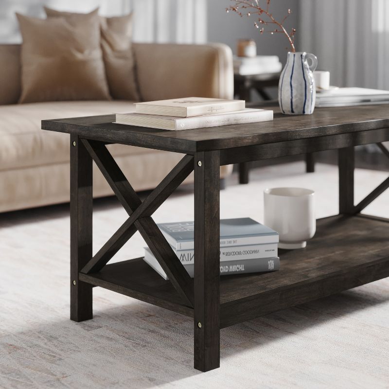 Emma and Oliver Solid Wood Farmhouse Style Coffee Table with Storage Shelf, 3 of 11