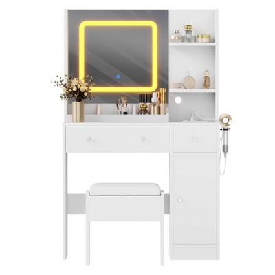 Vanity Desk with Mirror, 3 Lighting Modes Makeup Table with Charging Station, 3 Drawer, 3 Open Shelves and a Cabinet