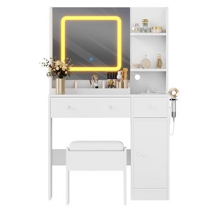 Vanity Desk with Mirror, 3 Lighting Modes Makeup Table with Charging Station, 3 Drawer, 3 Open Shelves and a Cabinet - 1 of 4