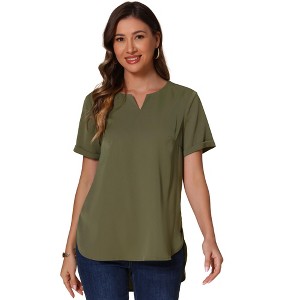 INSPIRE CHIC Women's Summer Casual V Neck Short Sleeve Curved Hem Loose Tunic Tops - 1 of 4