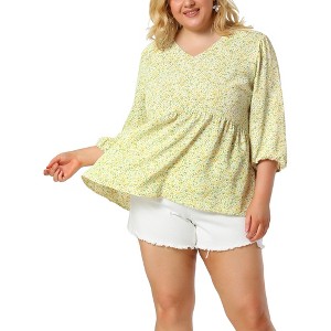 Agnes Orinda Women's Plus Size V Neck Babydoll 3/4 Lantern Sleeve Casual Floral Flowy Blouses - 1 of 4