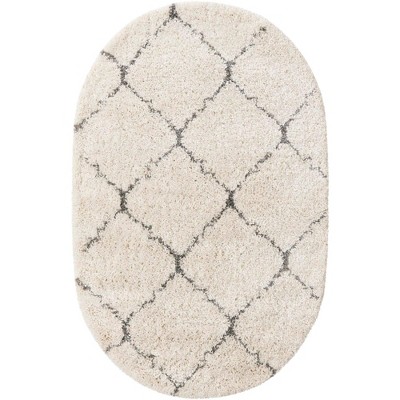 Ivory Geometric Oval Shag Rug 4' x 6' Synthetic