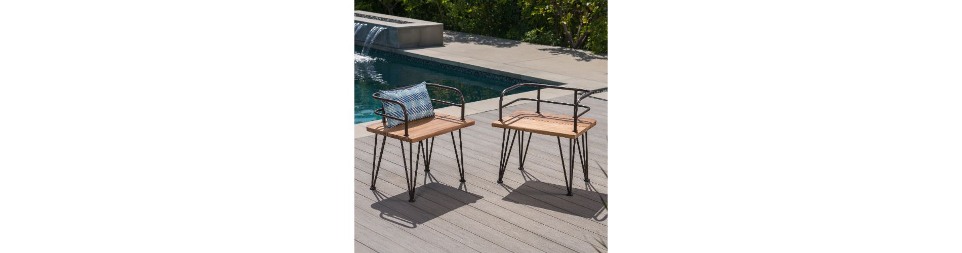Lyngins 2-Piece Rustic Industrial Outdoor Chair, Acacia Wood Garden Bench (Teak Finish), Iron Frame (Rustic Metal), Patio Bench for Backyard/Garden