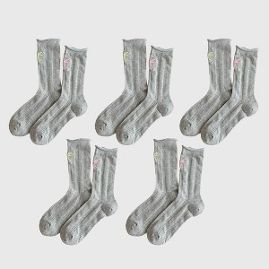 Alilang Adorable Women's Bow-Embroidered Ribbed Ankle Socks 5Pk - 1 of 4
