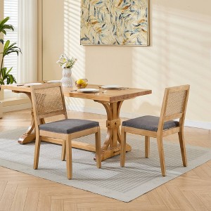 Set of 2 Rattan Back Dining Chairs with Linen Upholstered Seat & Solid Rubberwood Frame-- Frevyn - 1 of 4