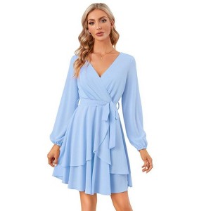 Coolmee Women's Dress Deep V-Neck Long Sleeve Waist Tie Ruffle Mini Swing Skater Dresses - 1 of 4