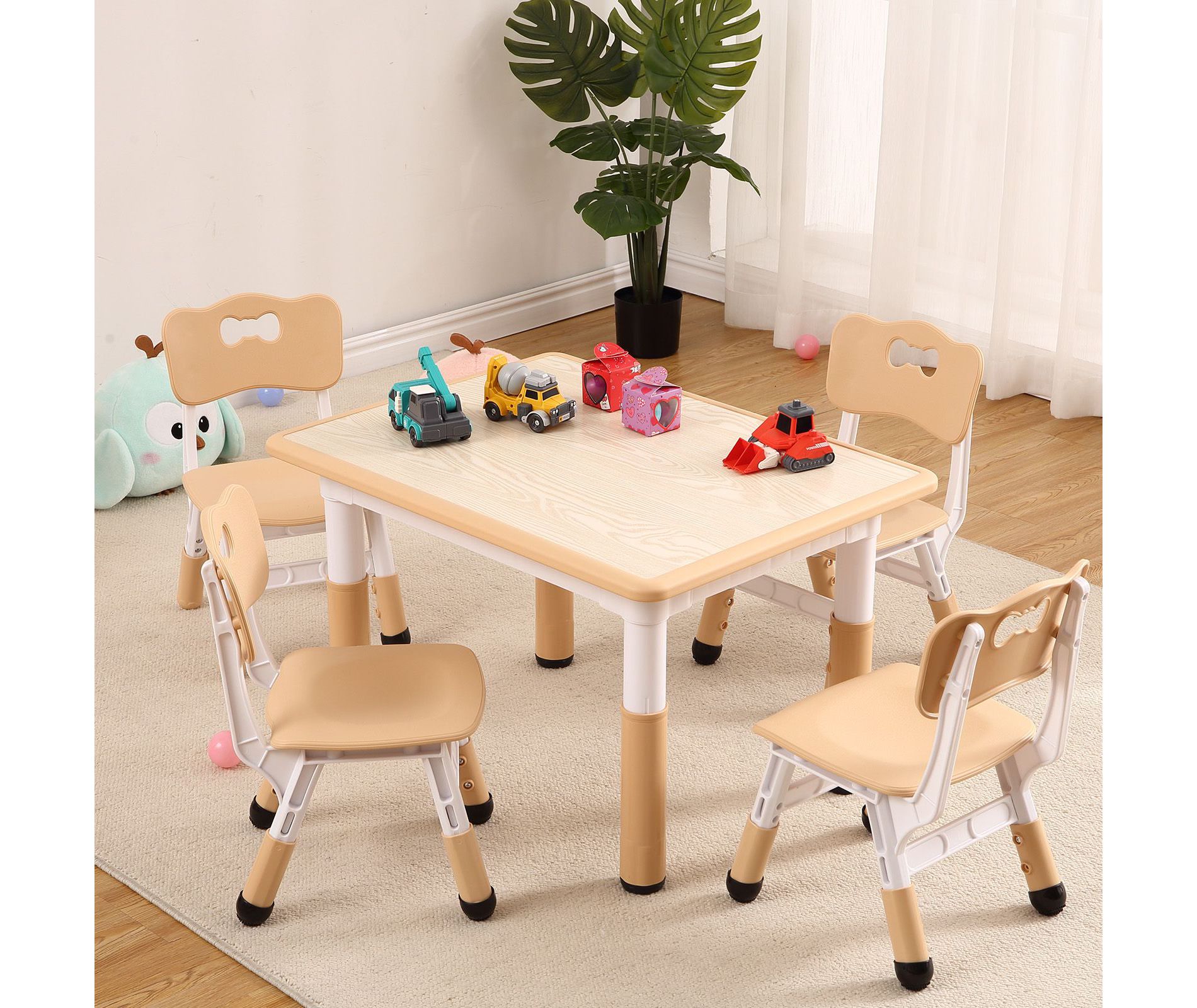 Kids Table and Chairs Set, Toddler Height Adjustable Desk with Graffiti Desktop, 4 Seats