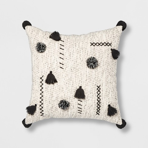 Abstract Tassel Pom Square Throw Pillow Cream Black Opalhouse