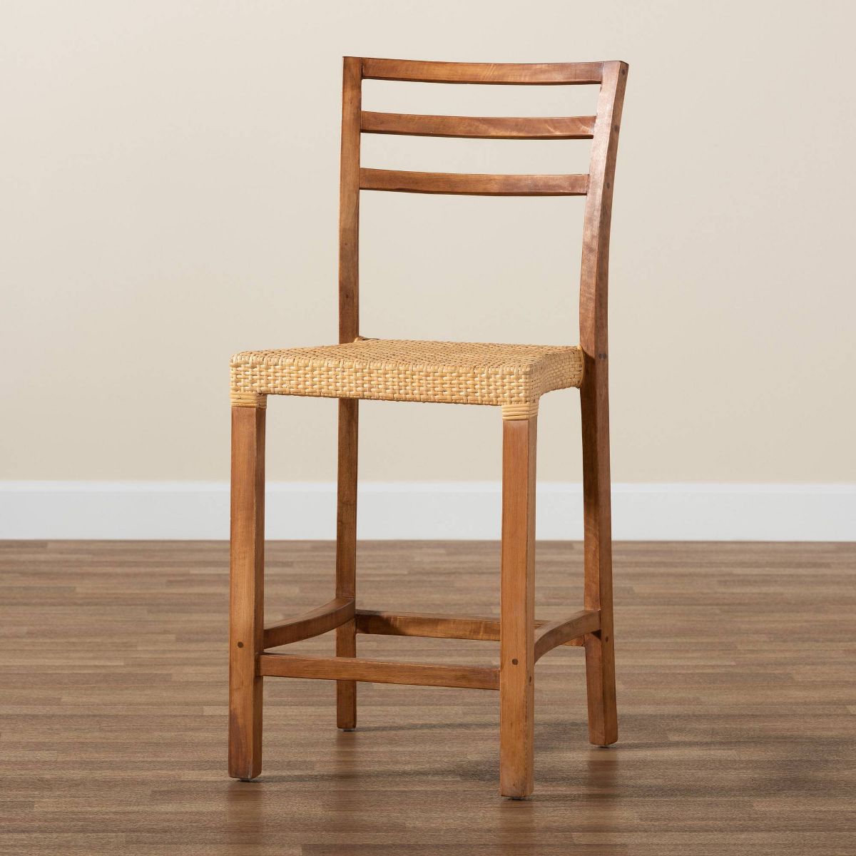 Arthur Wood and Rattan Counter Height Barstool Natural/Walnut - bali & pari: Bohemian Style, No Assembly Required - thumbnail 9