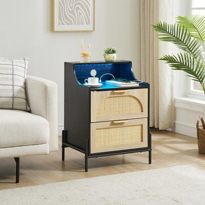 Whizmax Rattan Nightstand with Charging Station and LED Lights, Bedside Table with 2 Storage Rattan Drawer, for Living Room, Bedroom, Dorm, Black