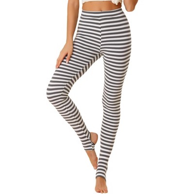 Allegra K Women's Printed High Waist Elastic Waistband Yoga Stirrup Pants  Grey White-Stripe X-Large