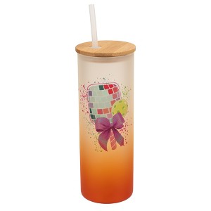 Elanze Designs 25 Ounce Frosted Glass Gradient Travel Tumbler With Straw and Wooden Lid, Disco Pickleball Paddle Orange - 1 of 1
