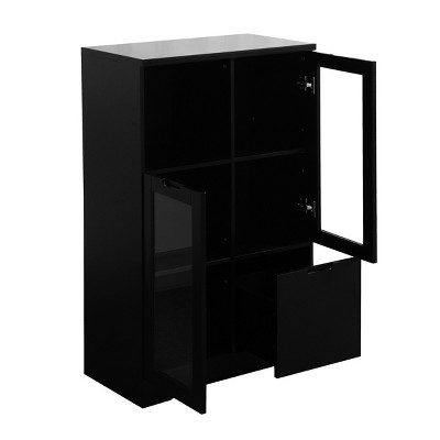 GlasFlength Decorative Storage Cabinets Modern Glass Door Cabinet with Adjustable Shelves for Living Room Bedroom, Black, 25.6"*11.8"*39.4"