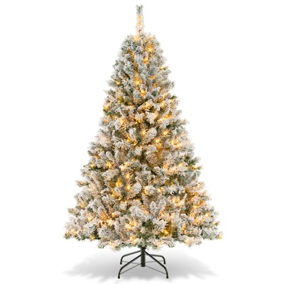 Tangkula 6/7/8 FT Pre-lit Artificial Christmas Tree Hinged Snow-flocked Xmas Tree with 644/956/1370 Branch Tips 300/450/600 Warm White LED Lights