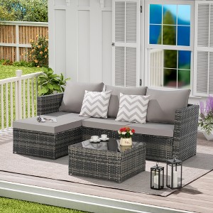 Bigget Outdoor Steel Wicker 3 Piece L-Shaped Patio Rattan Sectional Set, Grey - 1 of 4