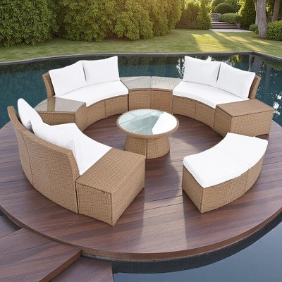10-Piece Outdoor Rattan Modular Sectional Sofa Set with Coffee Table, Storage Box, Side Tables