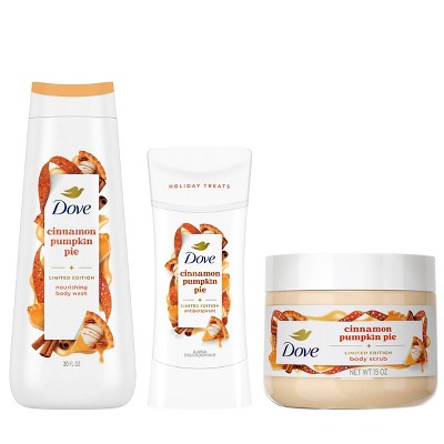 Dove Beauty Cinnamon Pumpkin Pie Limited Edition Fall Holiday Treat 2.6oz Antiperspirant & Deodorant Stick + 20 fl oz Body Wash + 15oz Body Scrub