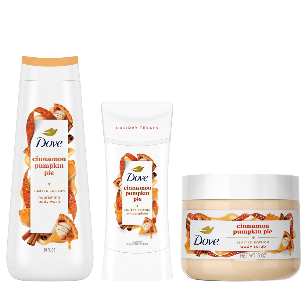 Dove Beauty Cinnamon Pumpkin Pie Limited Edition Fall Holiday Treat 2.6oz Antiperspirant & Deodorant Stick + 20 fl oz Body Wash + 15oz Body Scrub