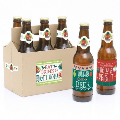 Big Dot of Happiness Colorful Christmas Sweaters - Ugly Sweater Holiday Party Decorations - 6 Beer Bottle Label Stickers and 1 Carrier