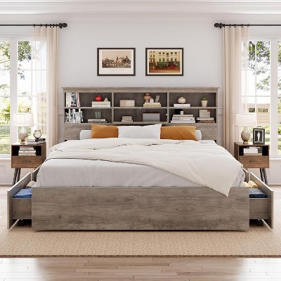 King Bed Frame with Storage Headboard, Wooden Bed Frame with 4 Drawers, Storage Bookcase & King Size Platform Bed