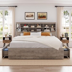 King Bed Frame with Storage Headboard, Wooden Bed Frame with 4 Drawers, Storage Bookcase & King Size Platform Bed - 1 of 4