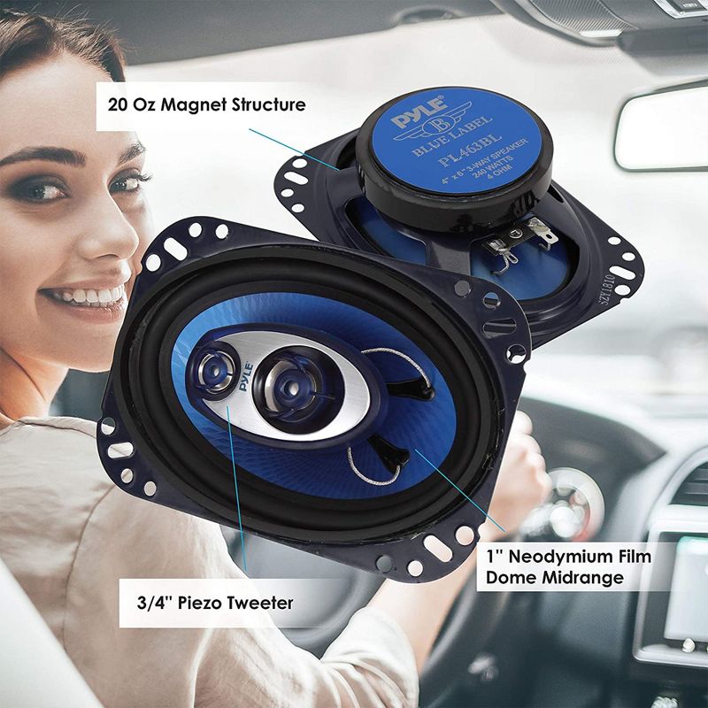 Pyle PL463BL Blue Label 4x6 Inch 240W 3 Way Triaxial Car Speaker Stereo, 120W RMS / 240W Max, Butyl Rubber Surround, 4 Ohm 89dB, Black, Set of 2, 5 of 7