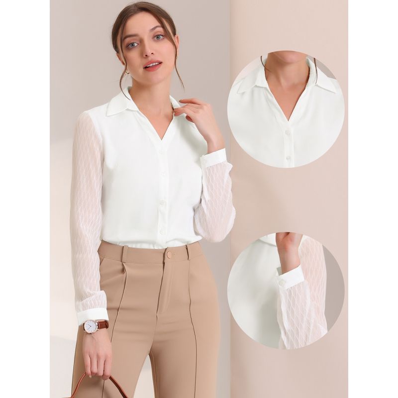 Allegra K Women's Point Collar V Neck Mesh Sleeve Button Down Work Office Shirt, 2 of 6