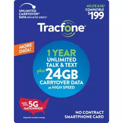 Tracfone Unlimited Talk/Text + 24GB Carryover Data 1 Year Plan Smartphone Card (Email Delivery) - $199